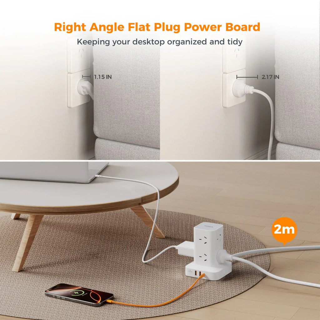 Tower Power Strip AU Plug 8 AC Outlets 3 USB Charging Ports USB-C PD 20W with Master Switch