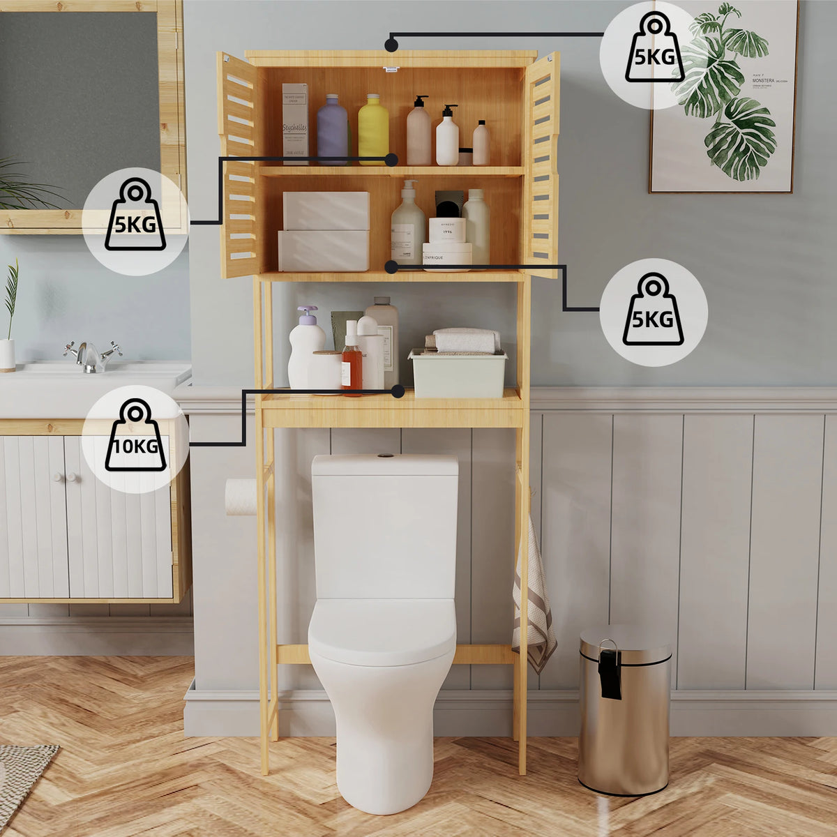 Over Toilet Bamboo Storage Cabinet Freestanding Bathroom Organiser with Adjustable Shelf and Double Doors