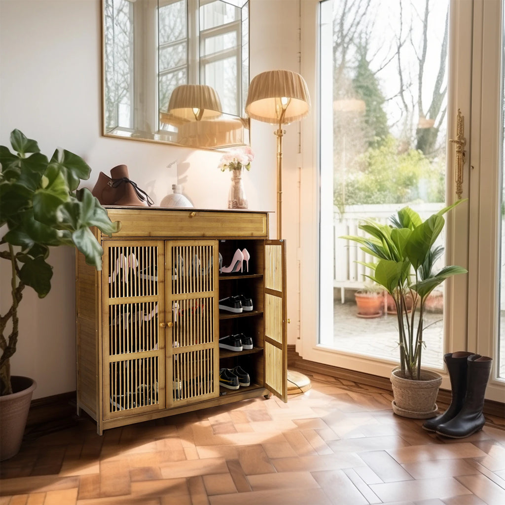 Bamboo Shoe Storage Cabinet 4 Tier with Drawer and 3 Ventilated Doors for Entryway Hallway