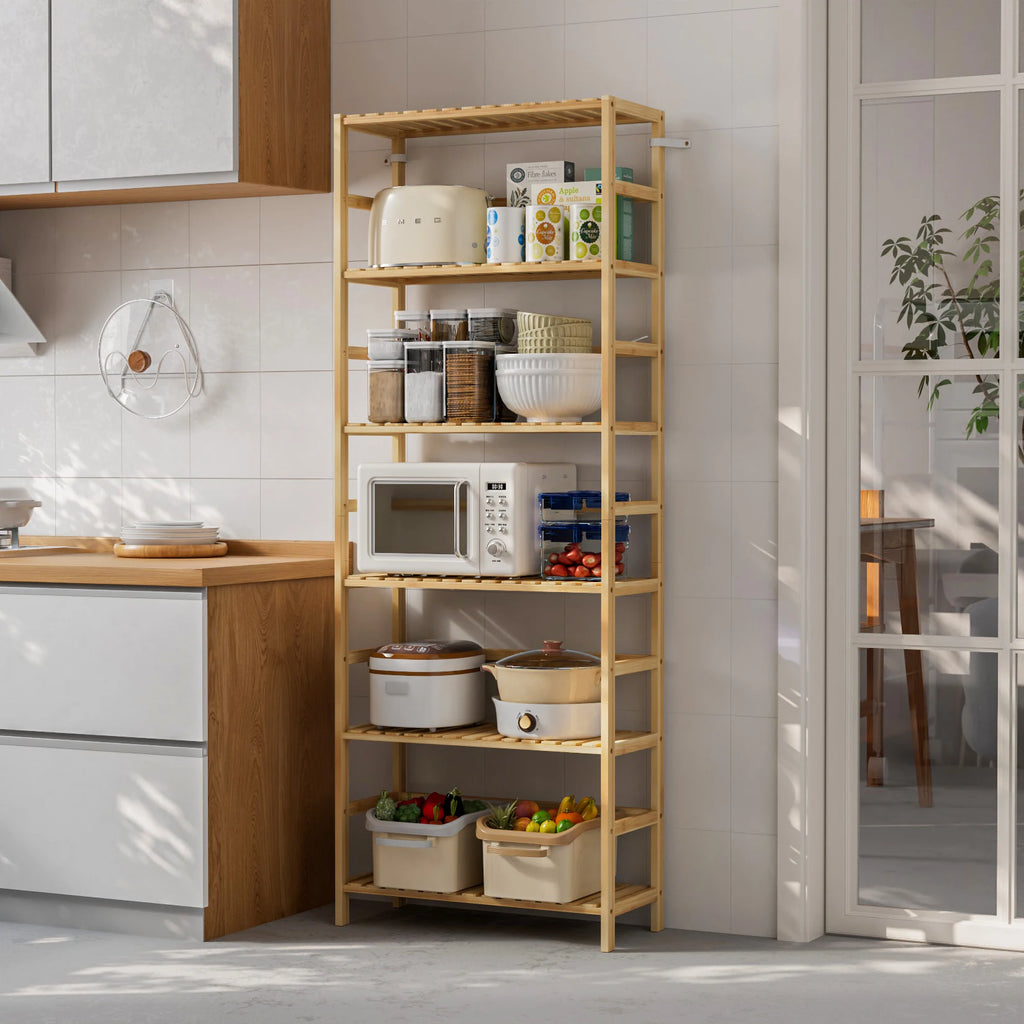 Freestanding 6 Tier Bamboo Storage Shelf Adjustable Display Rack for Living Room Bedroom Bathroom