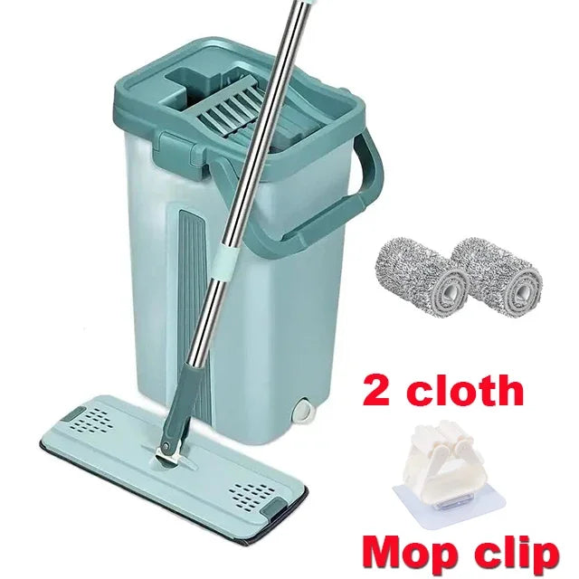 360° Flat Floor Mop and Dual Chamber Bucket with Microfiber Refills