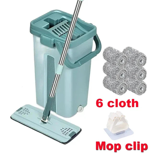 360° Flat Floor Mop and Dual Chamber Bucket with Microfiber Refills