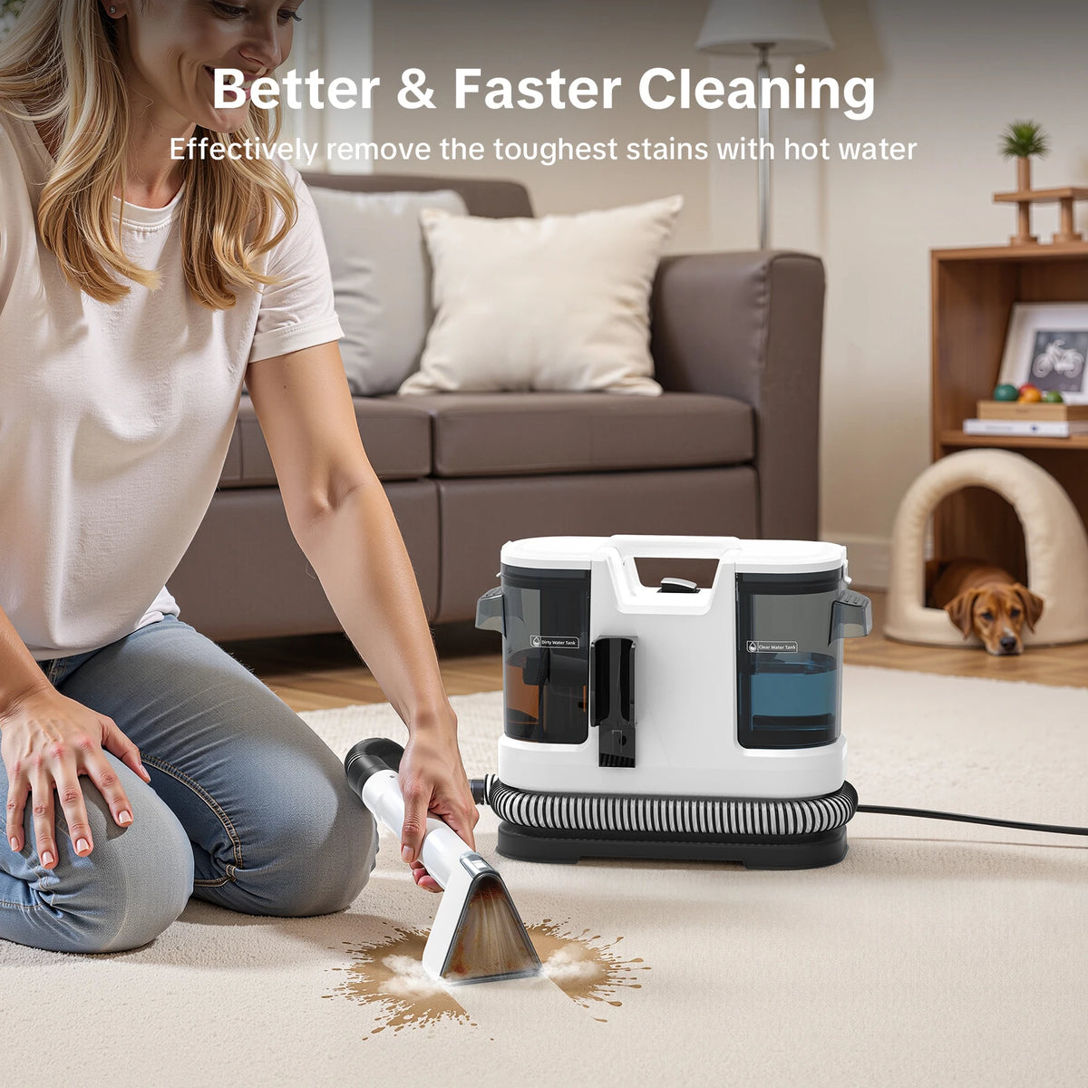 800W Hot Water Carpet Cleaner 15kPa Upholstery Cleaner with 1.75L Tank 5m Power Cord