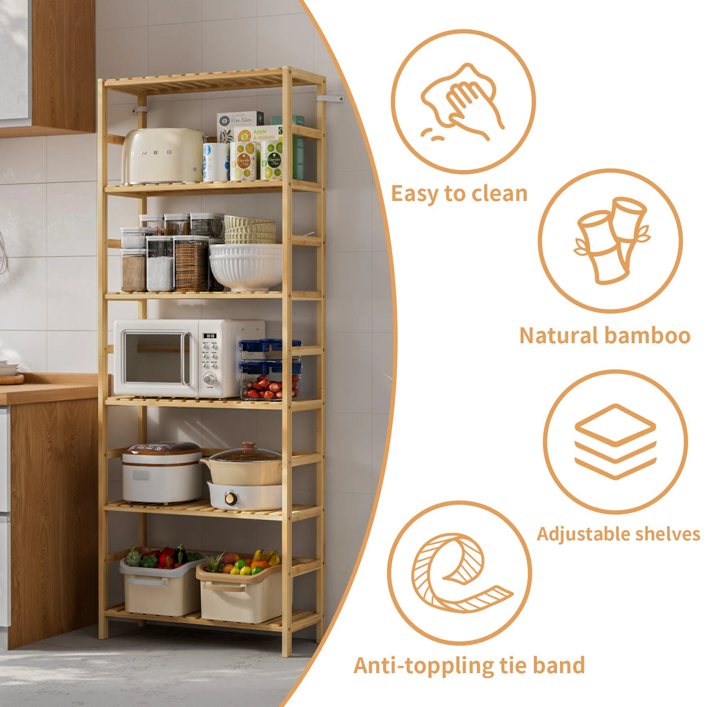 Freestanding 6 Tier Bamboo Storage Shelf Adjustable Display Rack for Living Room Bedroom Bathroom