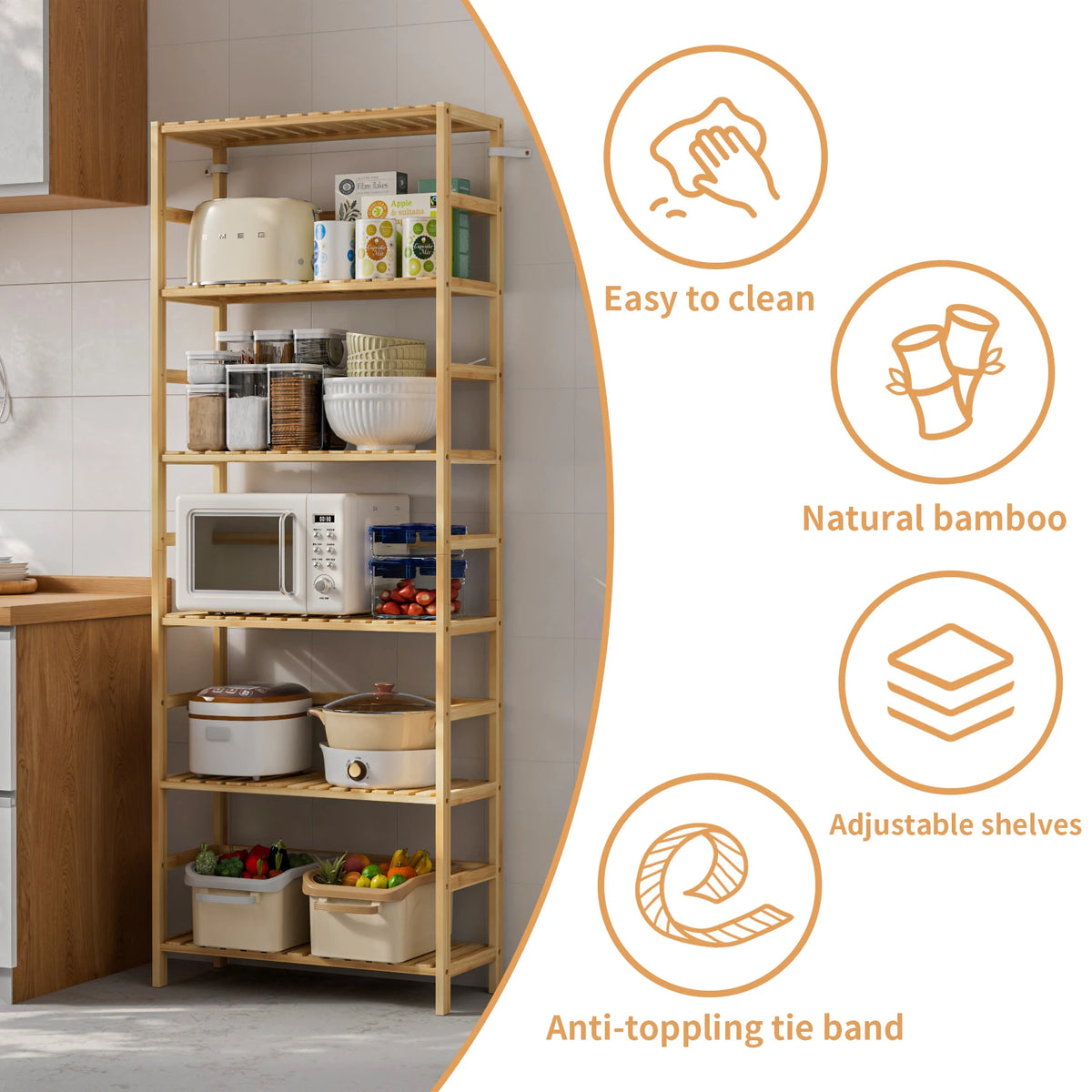 Freestanding 6 Tier Bamboo Storage Shelf Adjustable Display Rack for Living Room Bedroom Bathroom