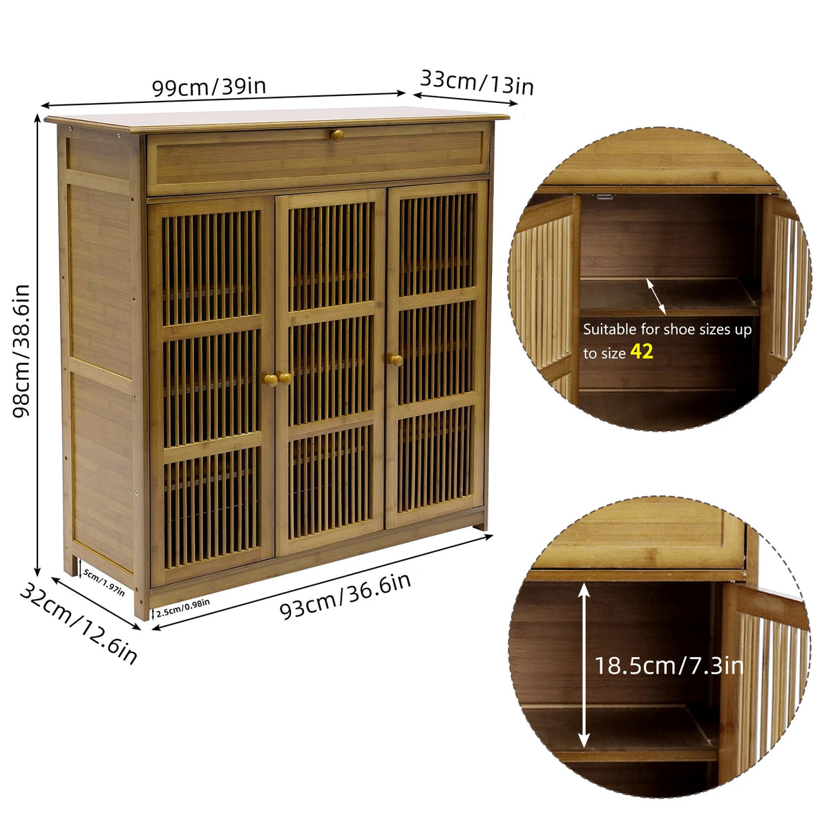 Bamboo Shoe Storage Cabinet 4 Tier with Drawer and 3 Ventilated Doors for Entryway Hallway