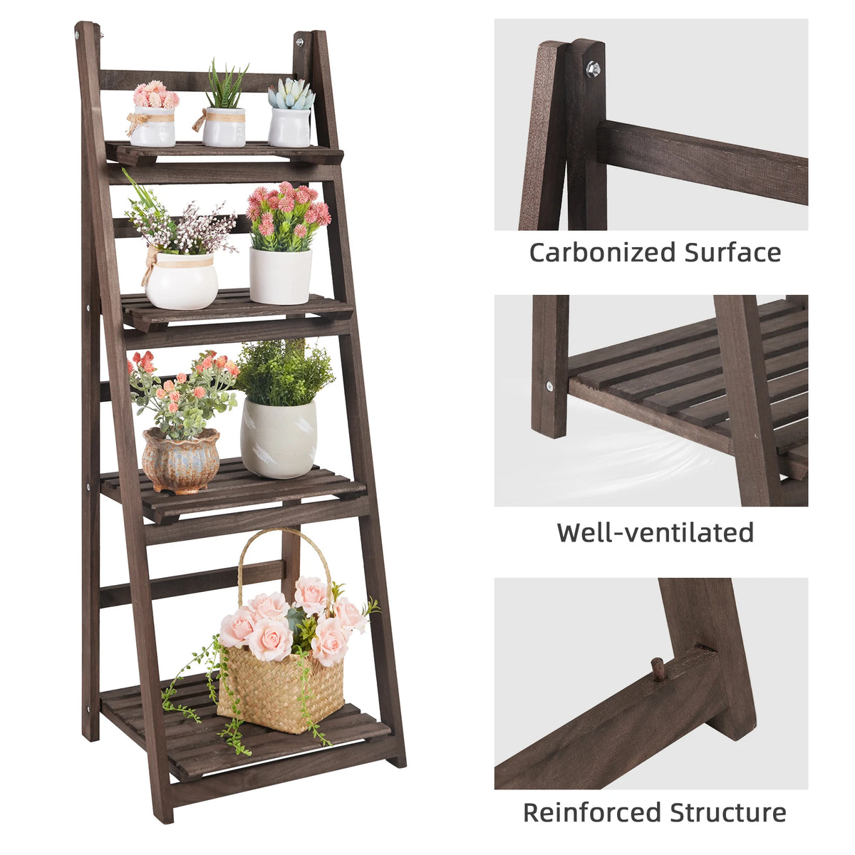 4 Tier Foldable Wooden Storage Shelf Display Rack Bookcase Plant Stand for Indoor Home