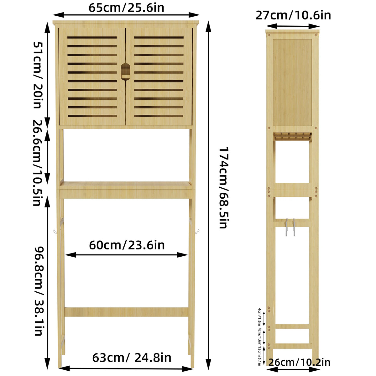 Over Toilet Bamboo Storage Cabinet Freestanding Bathroom Organiser with Adjustable Shelf and Double Doors