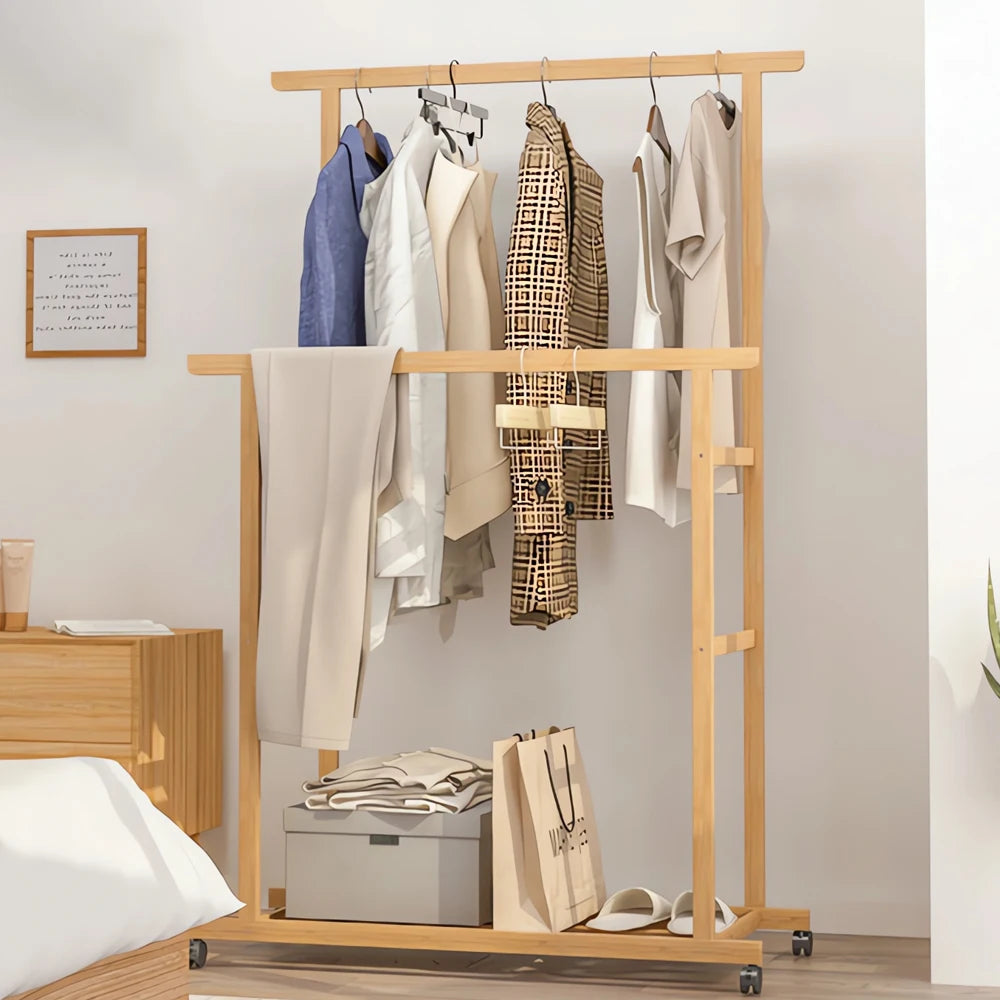 Bamboo Clothes Rack with Double Hanging Rails Storage Shelf and Wheels Freestanding Garment Organiser