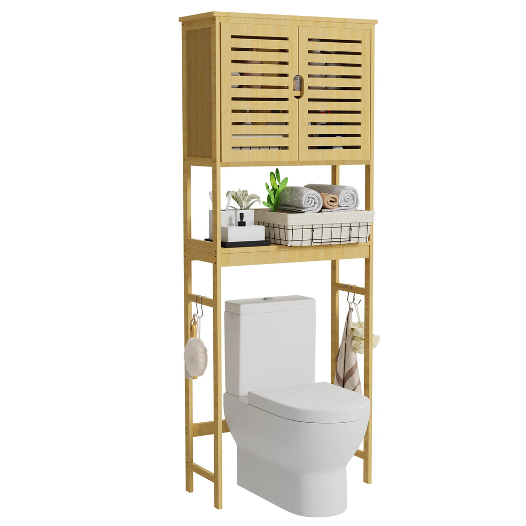Over Toilet Bamboo Storage Cabinet Freestanding Bathroom Organiser with Adjustable Shelf and Double Doors