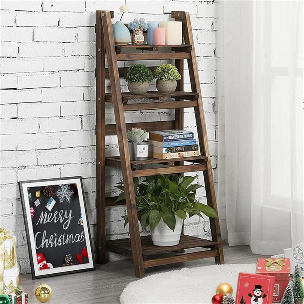 4 Tier Foldable Wooden Storage Shelf Display Rack Bookcase Plant Stand for Indoor Home