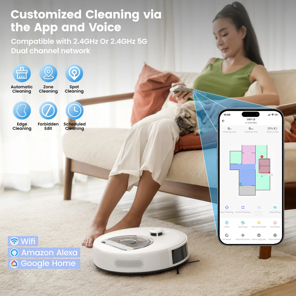 Robot Vacuum and Mop Cleaner with LiDAR Navigation, 6000Pa Suction, WiFi Voice Control