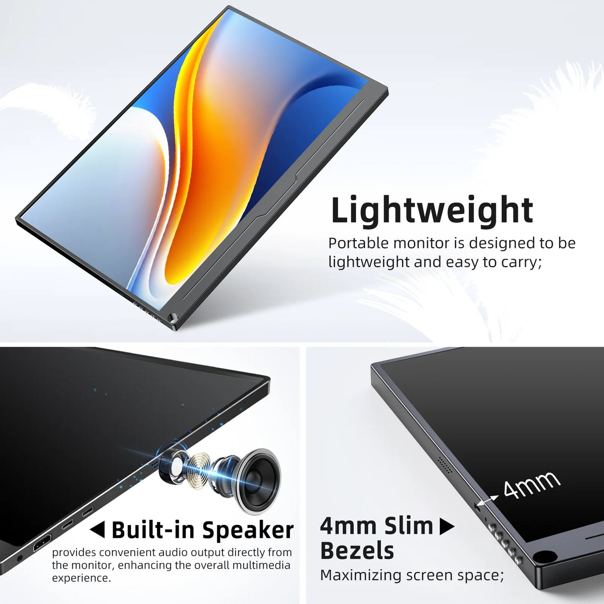 Portable 15.6 Inch FHD IPS Monitor USB-C Mini HDMI External Display with HDR and Built-in Speakers