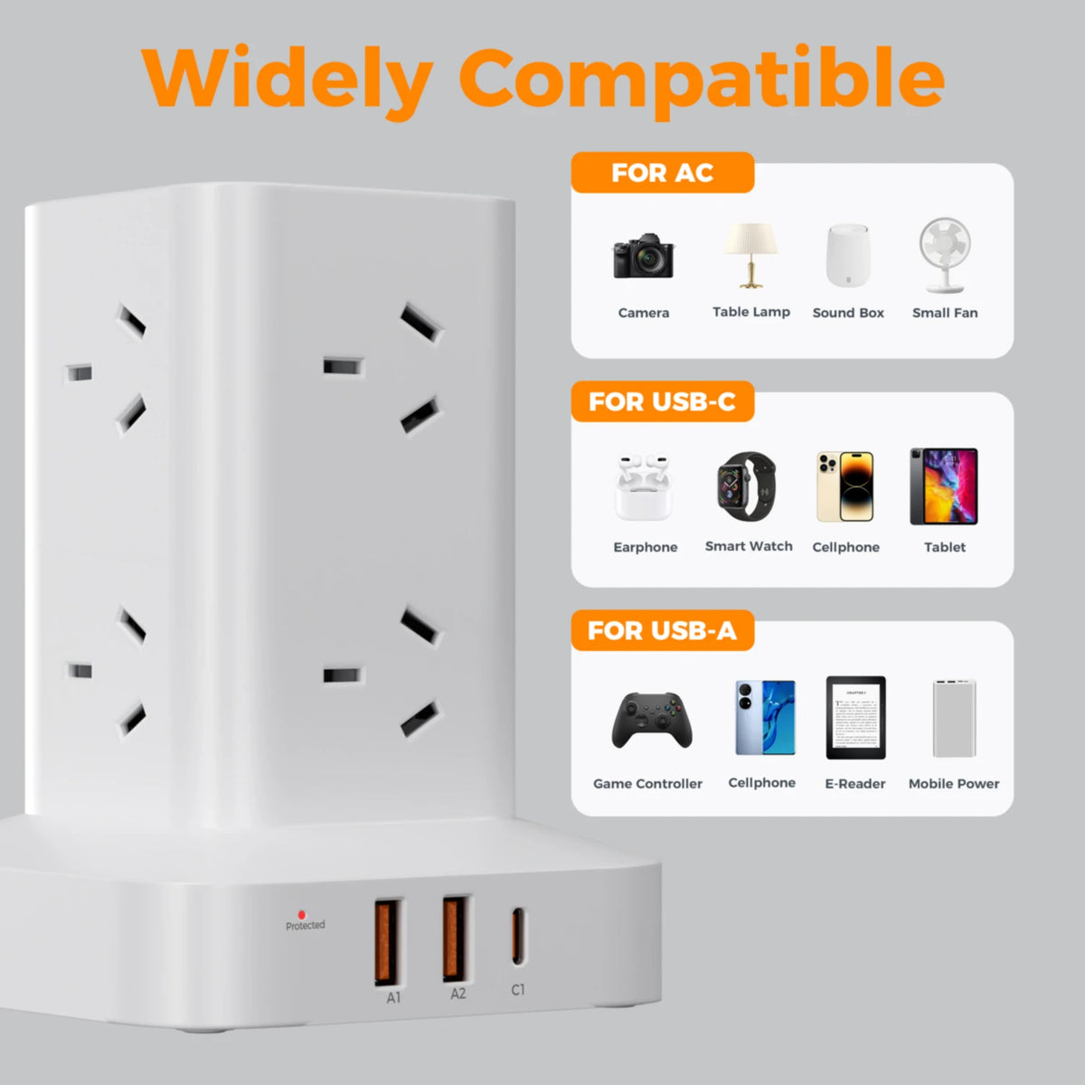 Tower Power Strip AU Plug 8 AC Outlets 3 USB Charging Ports USB-C PD 20W with Master Switch