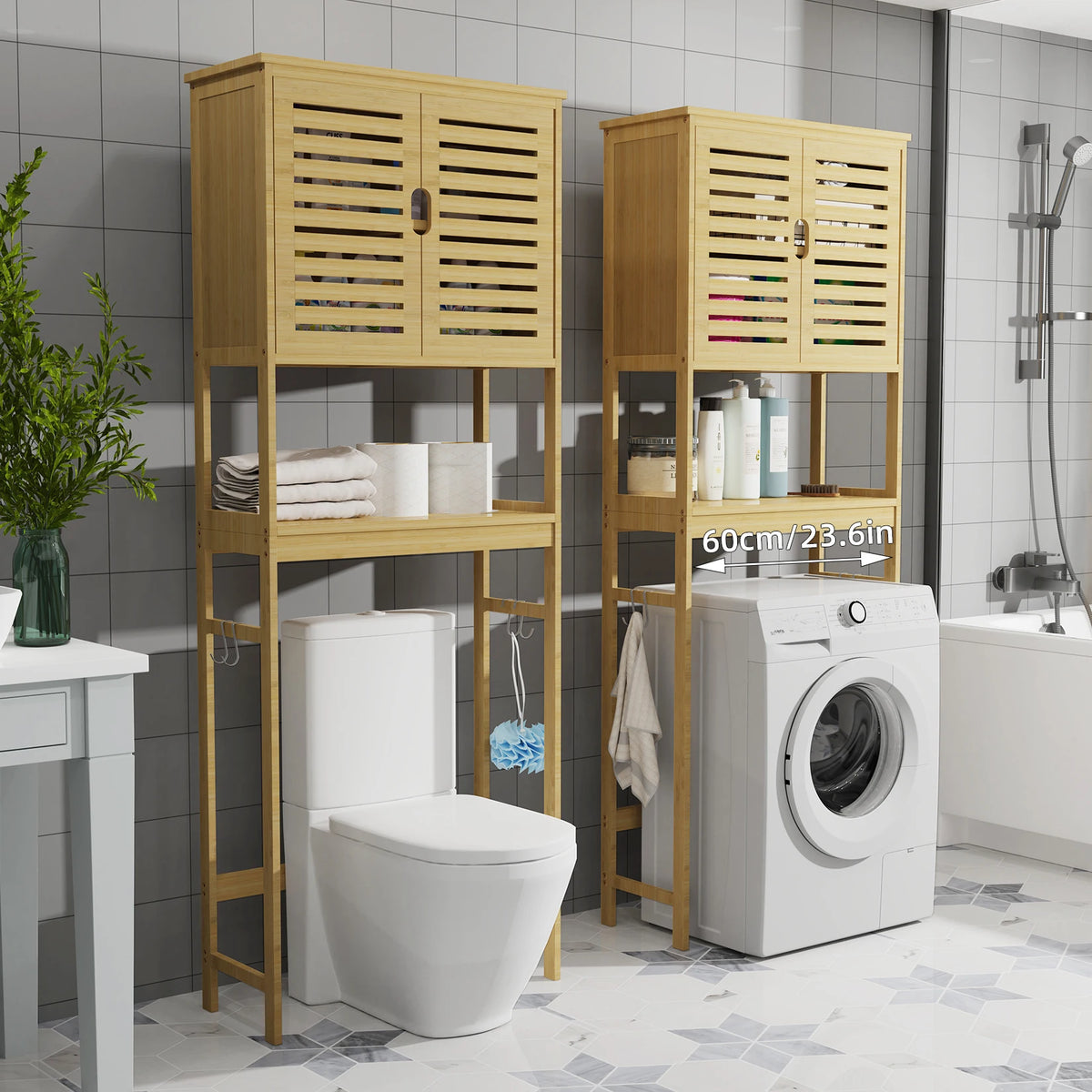 Over Toilet Bamboo Storage Cabinet Freestanding Bathroom Organiser with Adjustable Shelf and Double Doors