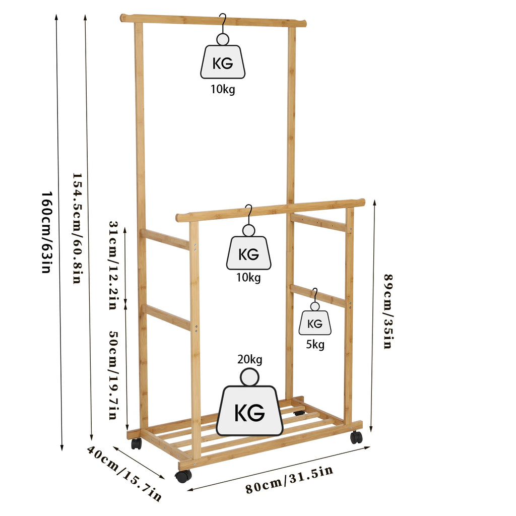 Bamboo Clothes Rack with Double Hanging Rails Storage Shelf and Wheels Freestanding Garment Organiser