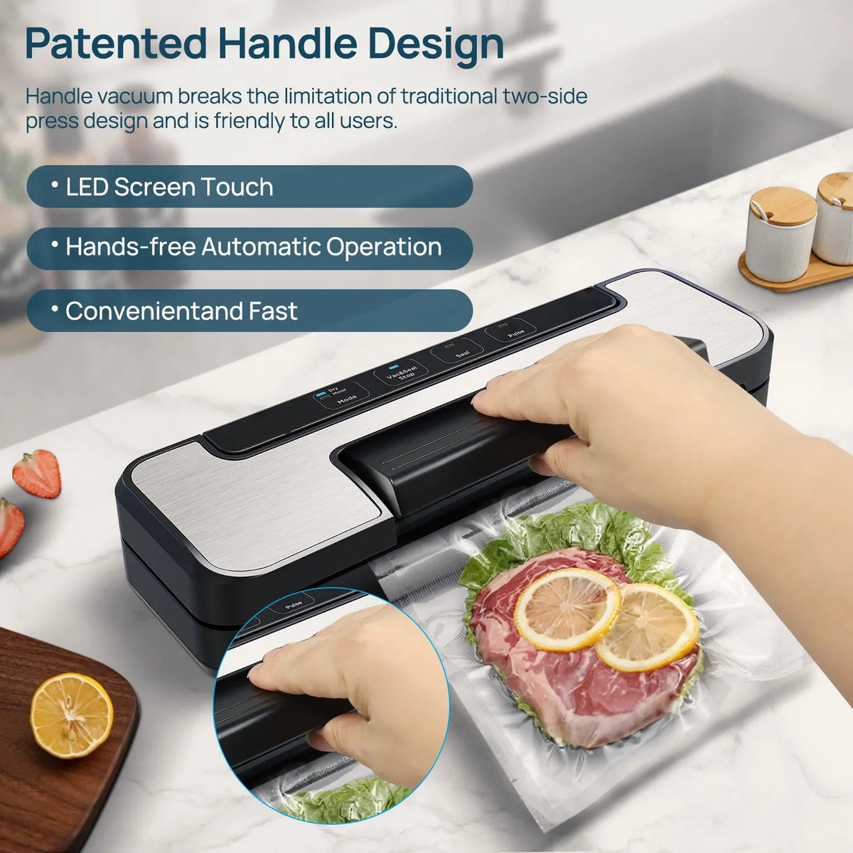 Automatic Vacuum Sealer Machine 80kPa Food Sealer with Dry Moist Modes Vacuum Bags and Cutter