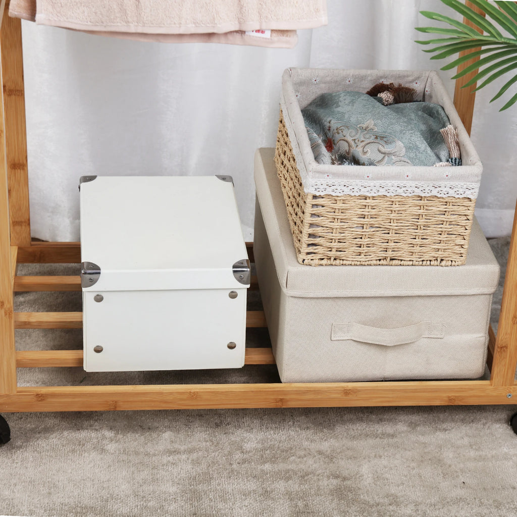 Bamboo Clothes Rack with Double Hanging Rails Storage Shelf and Wheels Freestanding Garment Organiser