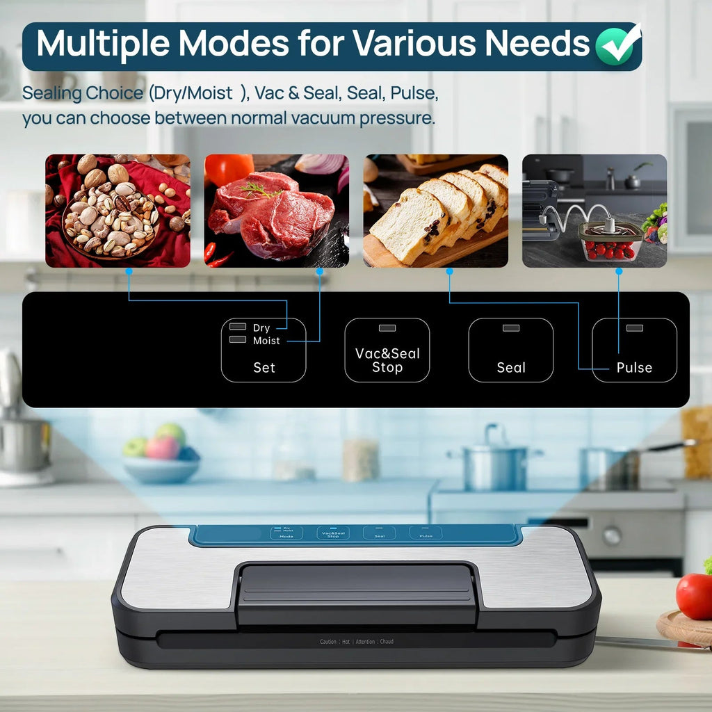 Automatic Vacuum Sealer Machine 80kPa Food Sealer with Dry Moist Modes Vacuum Bags and Cutter