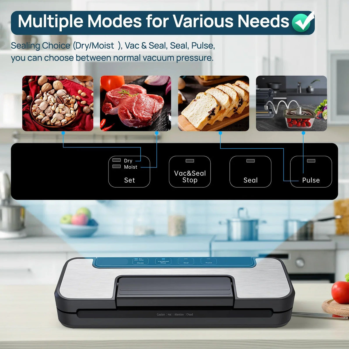 Automatic Vacuum Sealer Machine 80kPa Food Sealer with Dry Moist Modes Vacuum Bags and Cutter