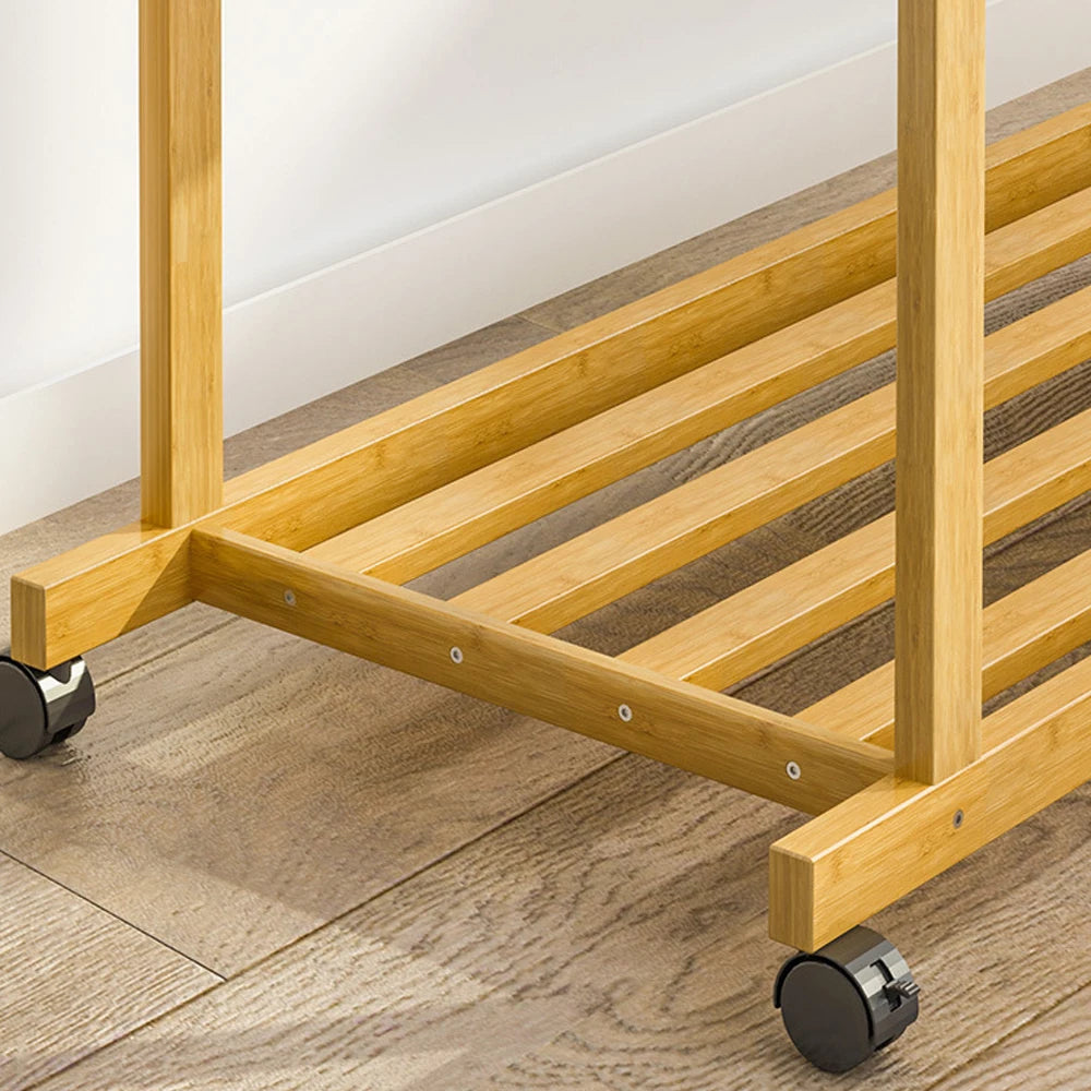Bamboo Clothes Rack with Double Hanging Rails Storage Shelf and Wheels Freestanding Garment Organiser