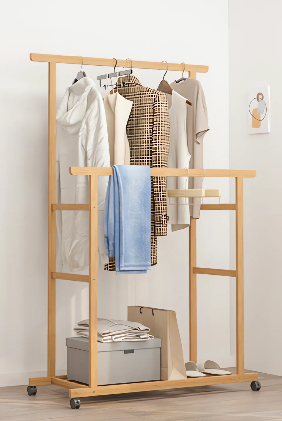 Bamboo Clothes Rack with Double Hanging Rails Storage Shelf and Wheels Freestanding Garment Organiser