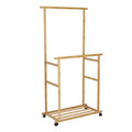 Bamboo Clothes Rack with Double Hanging Rails Storage Shelf and Wheels Freestanding Garment Organiser