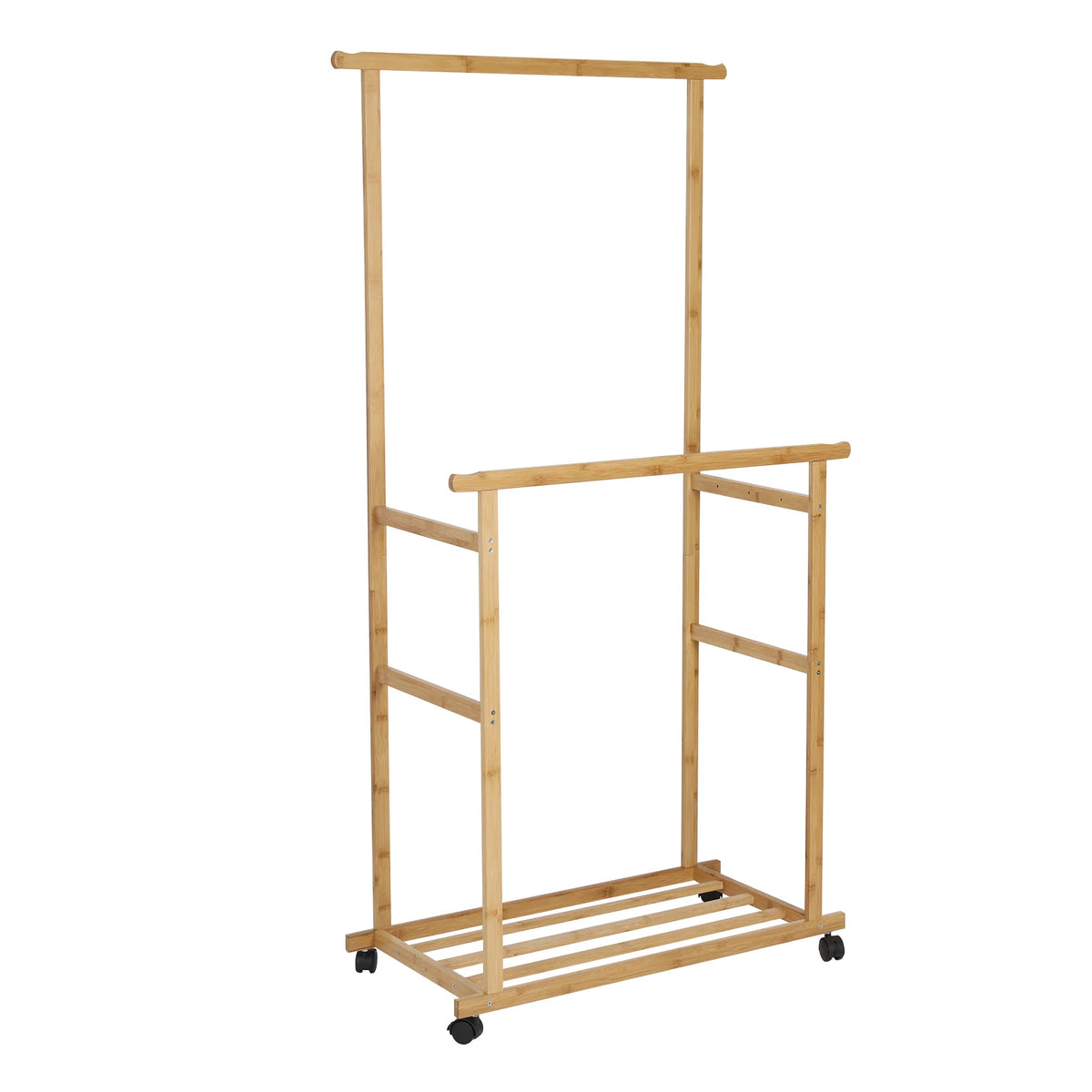 Bamboo Clothes Rack with Double Hanging Rails Storage Shelf and Wheels Freestanding Garment Organiser