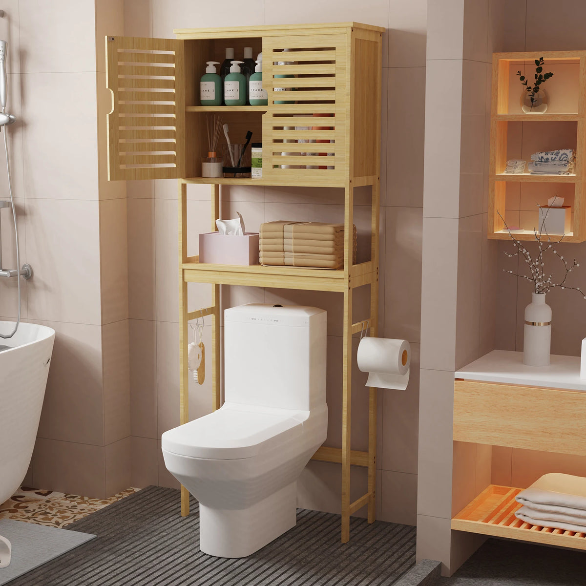 Over Toilet Bamboo Storage Cabinet Freestanding Bathroom Organiser with Adjustable Shelf and Double Doors