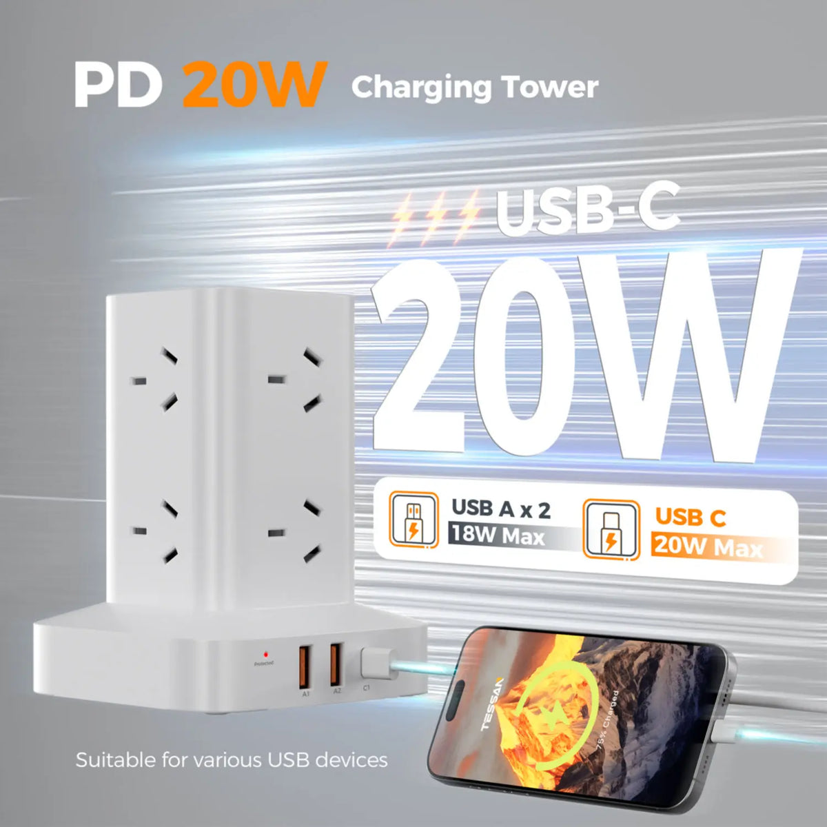 Tower Power Strip AU Plug 8 AC Outlets 3 USB Charging Ports USB-C PD 20W with Master Switch