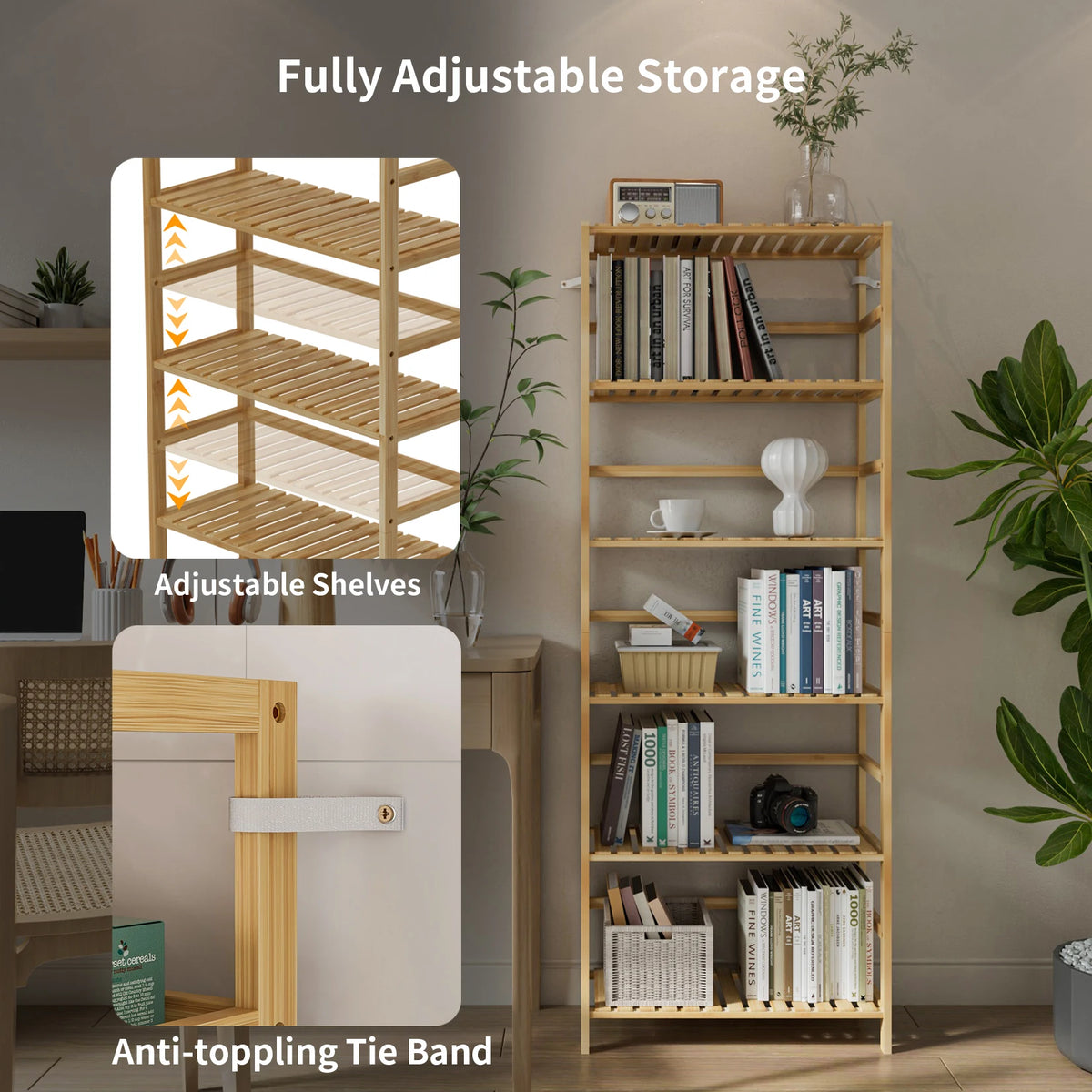 Freestanding 6 Tier Bamboo Storage Shelf Adjustable Display Rack for Living Room Bedroom Bathroom