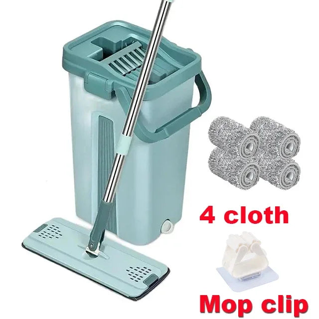 360° Flat Floor Mop and Dual Chamber Bucket with Microfiber Refills