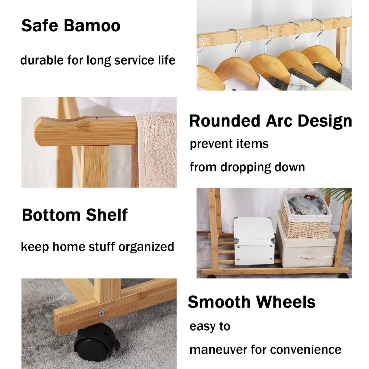 Bamboo Clothes Rack with Double Hanging Rails Storage Shelf and Wheels Freestanding Garment Organiser