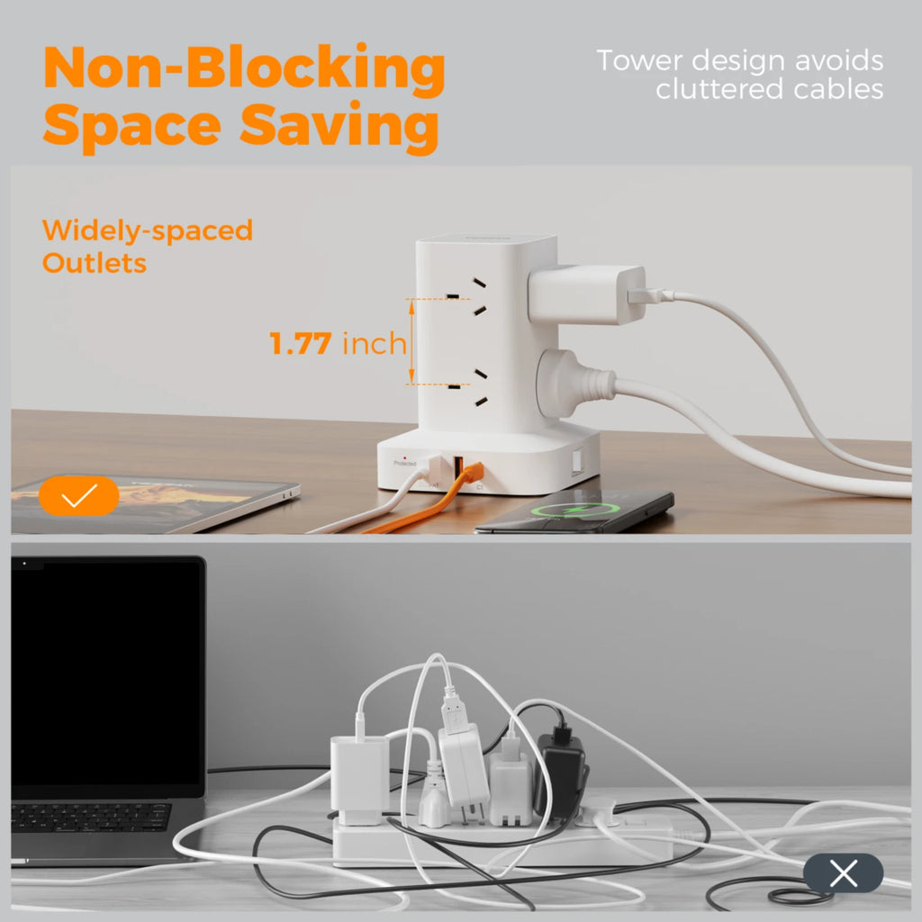 Tower Power Strip AU Plug 8 AC Outlets 3 USB Charging Ports USB-C PD 20W with Master Switch