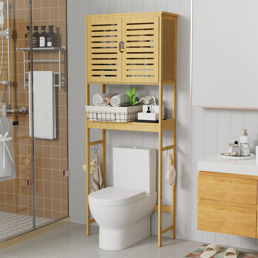 Over Toilet Bamboo Storage Cabinet Freestanding Bathroom Organiser with Adjustable Shelf and Double Doors