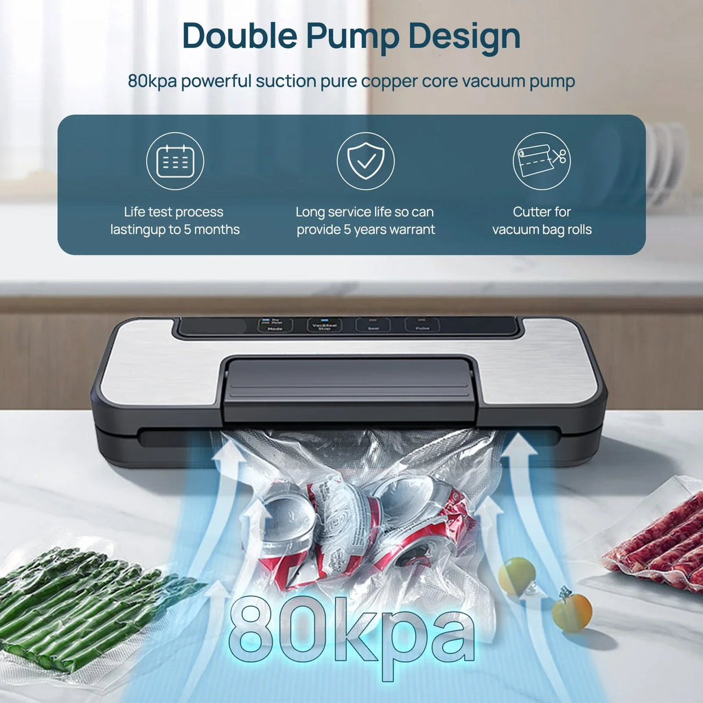Automatic Vacuum Sealer Machine 80kPa Food Sealer with Dry Moist Modes Vacuum Bags and Cutter