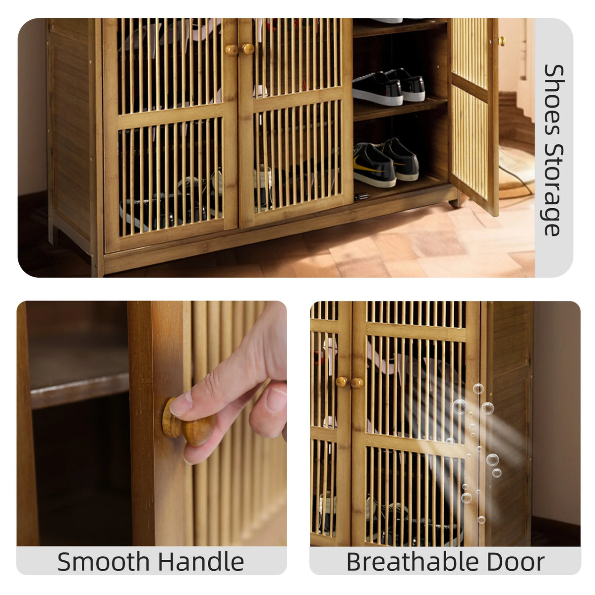Bamboo Shoe Storage Cabinet 4 Tier with Drawer and 3 Ventilated Doors for Entryway Hallway
