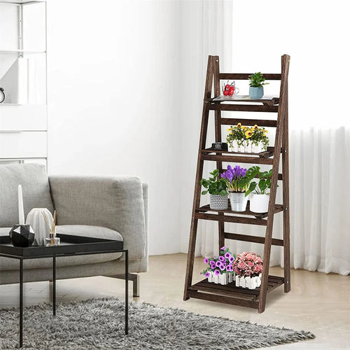 4 Tier Foldable Wooden Storage Shelf Display Rack Bookcase Plant Stand for Indoor Home