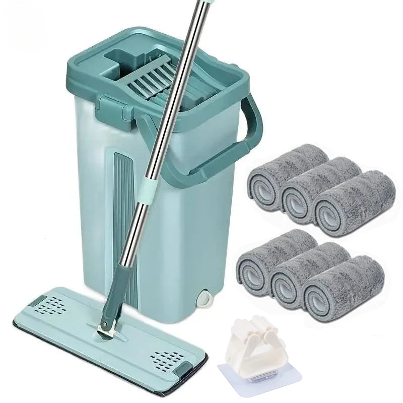 360° Flat Floor Mop and Dual Chamber Bucket with Microfiber Refills