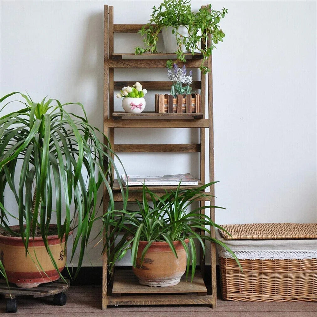 4 Tier Foldable Wooden Storage Shelf Display Rack Bookcase Plant Stand for Indoor Home
